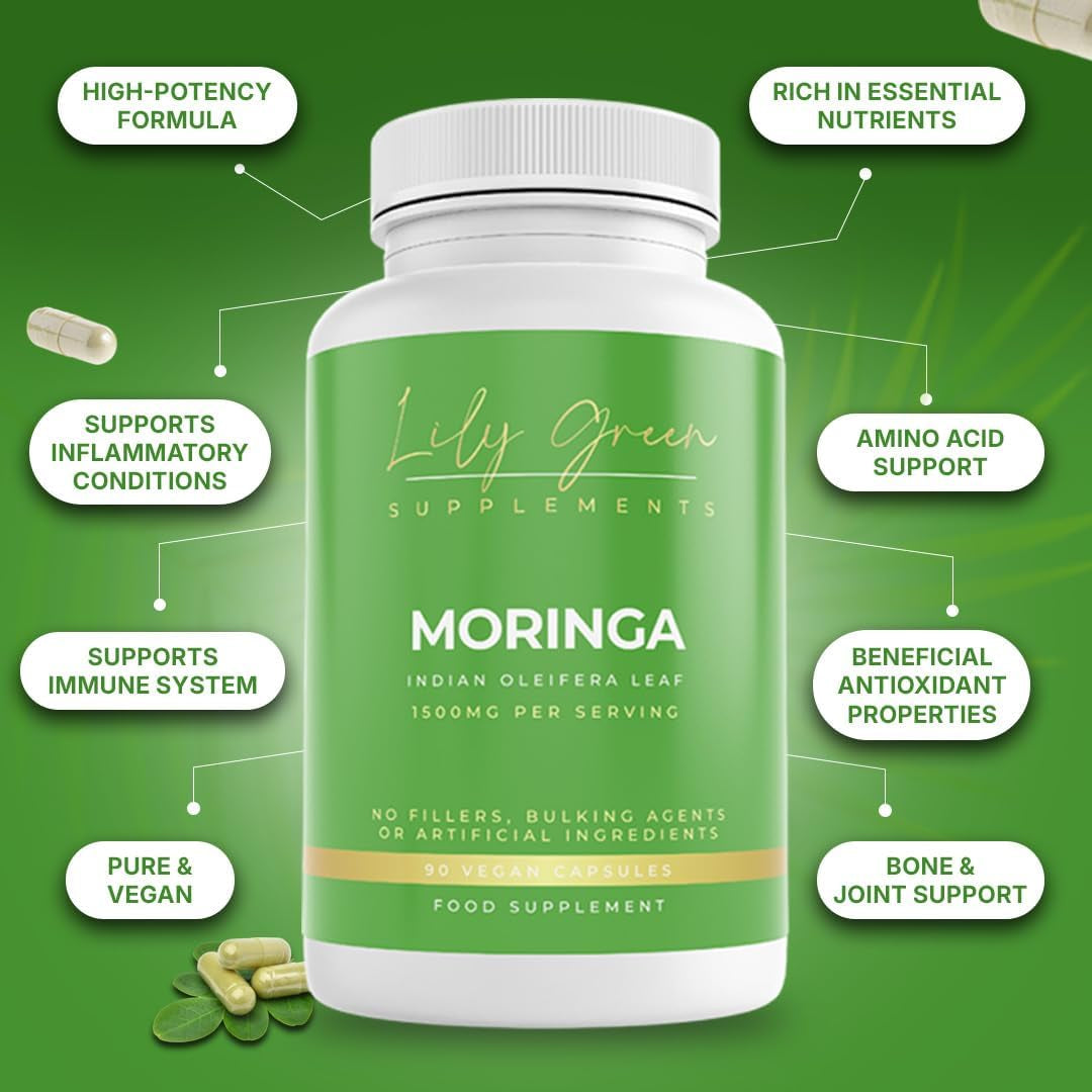 Lily Green Organic Moringa Capsules | 1500Mg per Serving Amino Acid Supplements | Rich in Vitamins, Calcium, Iron, Potassium & Antioxidants | No Artificial Additives | 90 Vegan Capsules | Made in UK