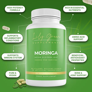 Lily Green Organic Moringa Capsules | 1500Mg per Serving Amino Acid Supplements | Rich in Vitamins, Calcium, Iron, Potassium & Antioxidants | No Artificial Additives | 90 Vegan Capsules | Made in UK