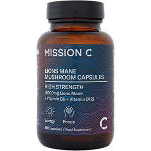Lions Mane Mushroom Capsules 8,000Mg with Added Vitamin B6 and B12 | Nootropic Supplement for Cognition, Mood, Immunity & Inflammation | 60 Two-A-Day Vegan Capsules - Mission C Lion'S Mane