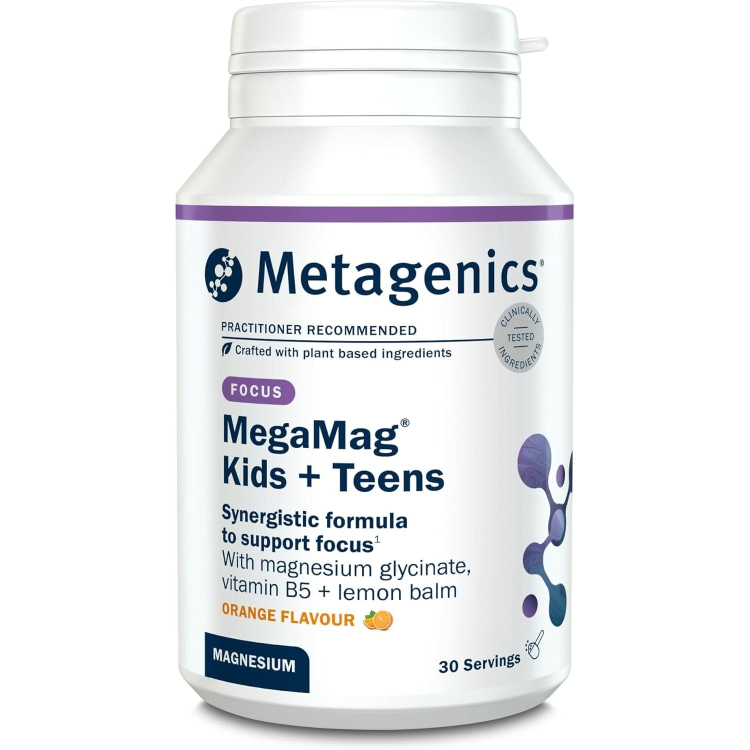 Metagenics Megamag Kids + Teens - Magnesium & Lemon Balm Powder with B Vitamins for Focus at School - Orange, 30 Servings