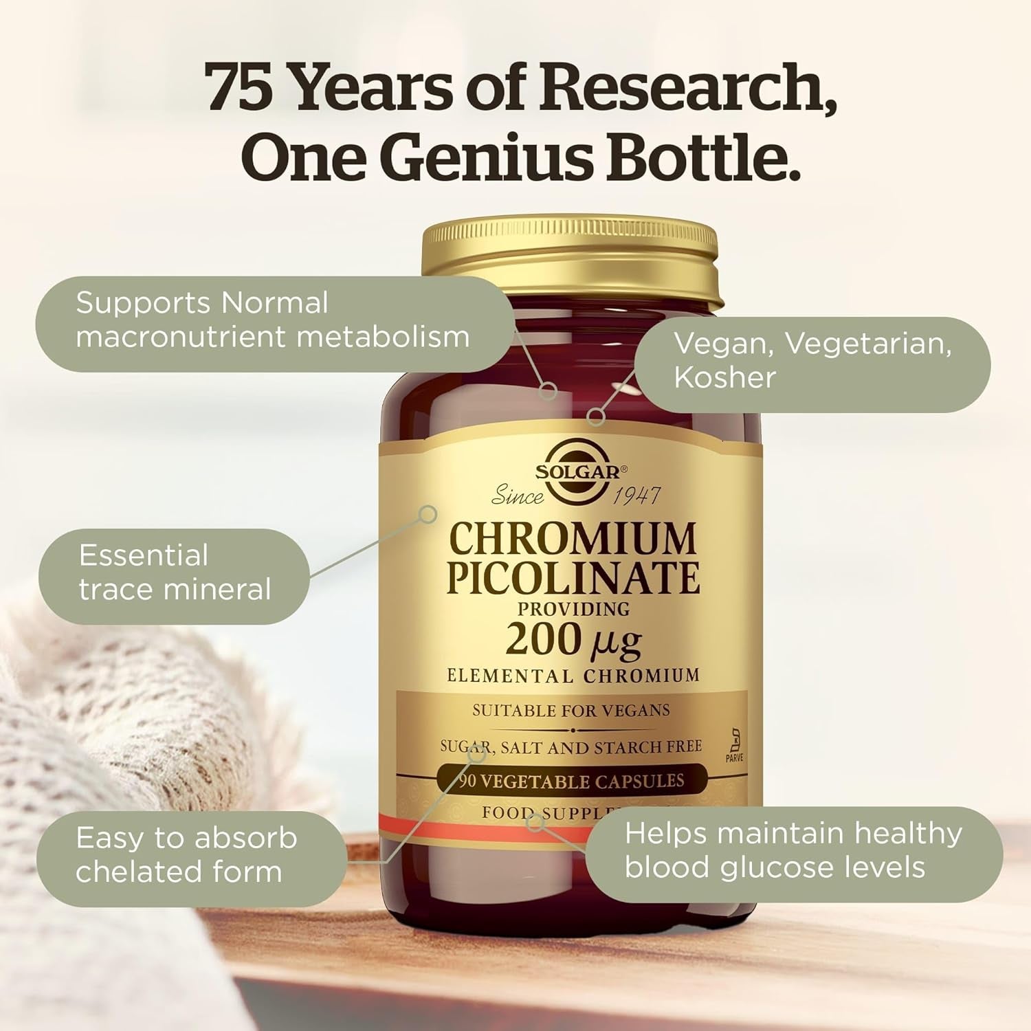 Solgar Chromium Picolinate 200 Μg Vegetable Capsules - Pack of 90 - High Absorption Rate - Supports a Healthy Metabolism and Blood Glucose Level - Vegan and Gluten Free Gold
