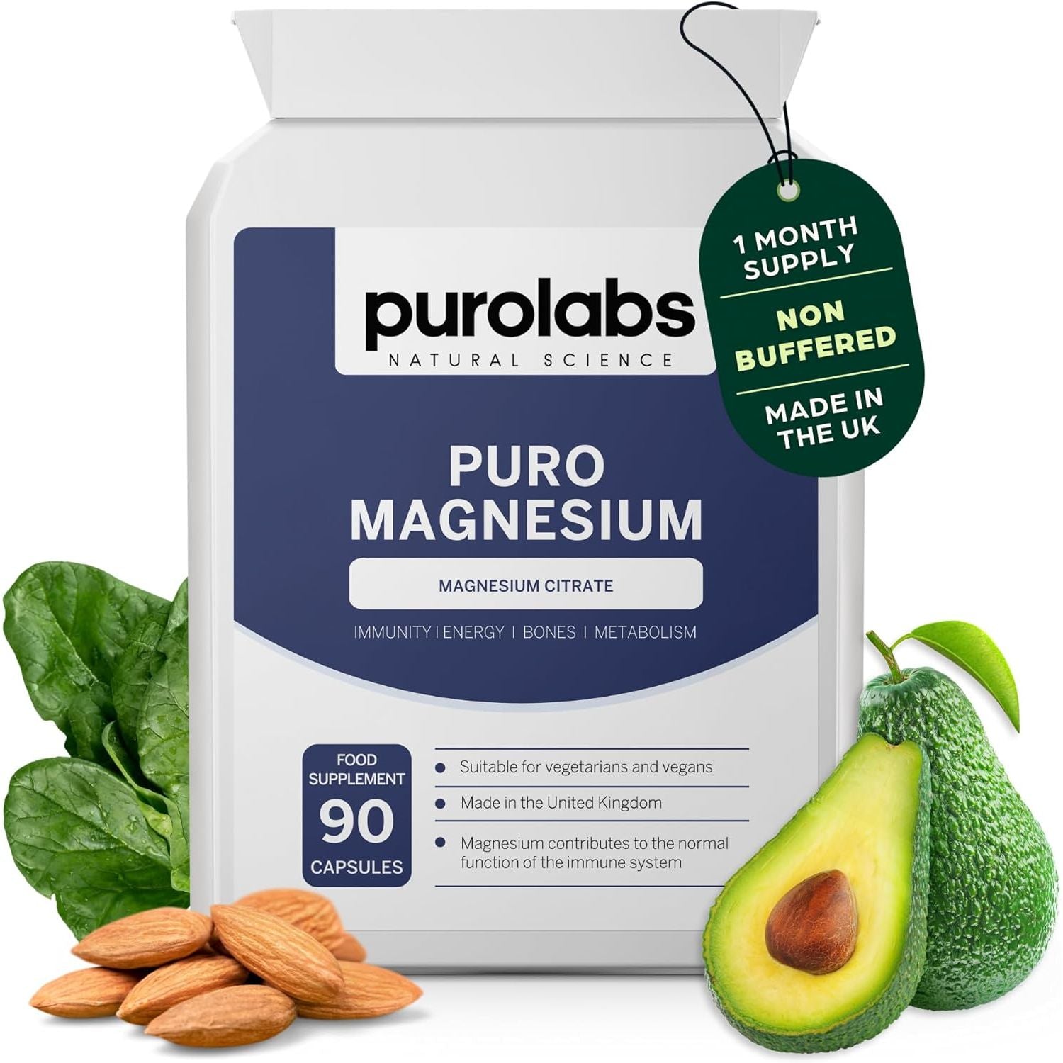Purolabs Magnesium Citrate - High Strength Non-Buffered Magnesium - Superior Absorption for Sleep, Energy & Muscle Function - Vegan - Clean Formula - 90 Capsules