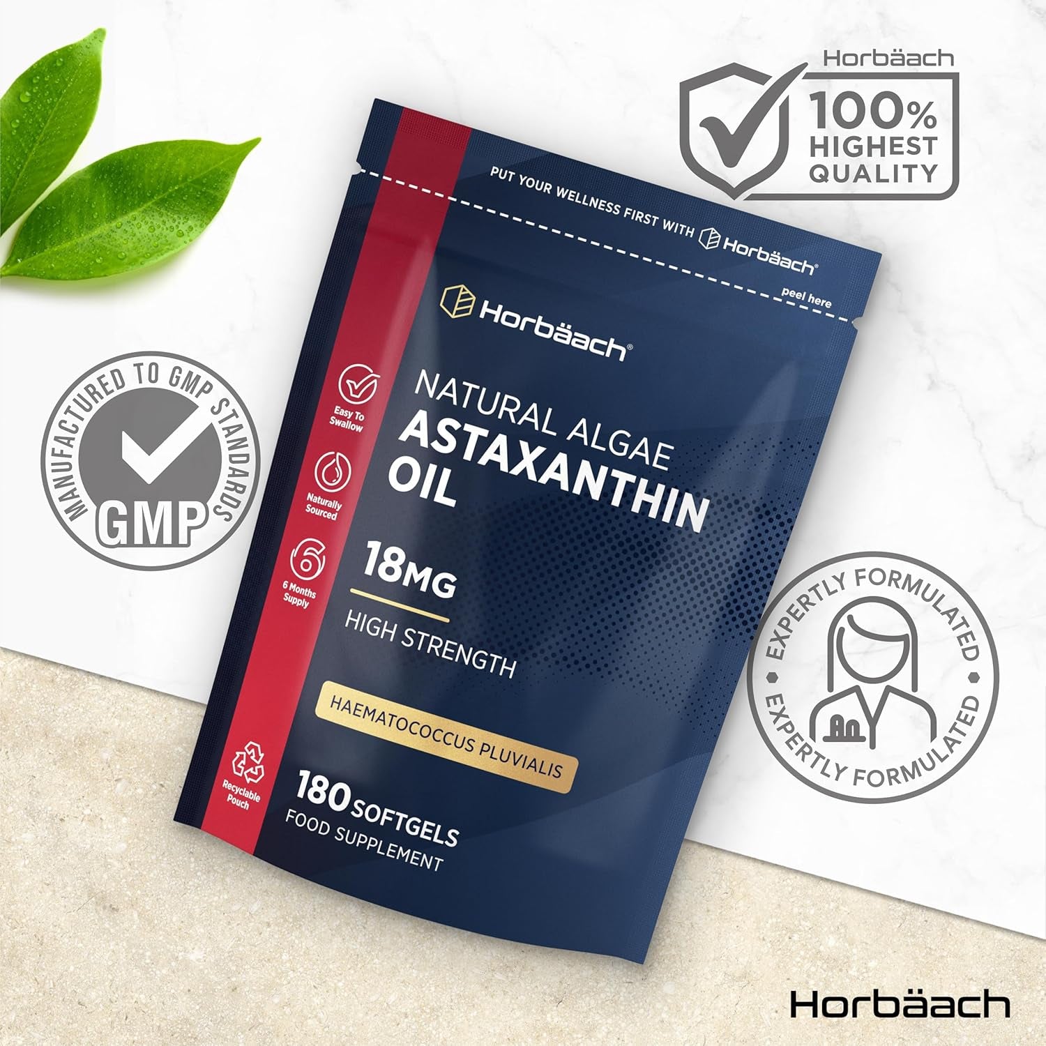 Astaxanthin Supplement 18Mg | 180 High Strength Softgels | Naturally Sourced from Haematococcus Pluvialis Algae | by Horbaach