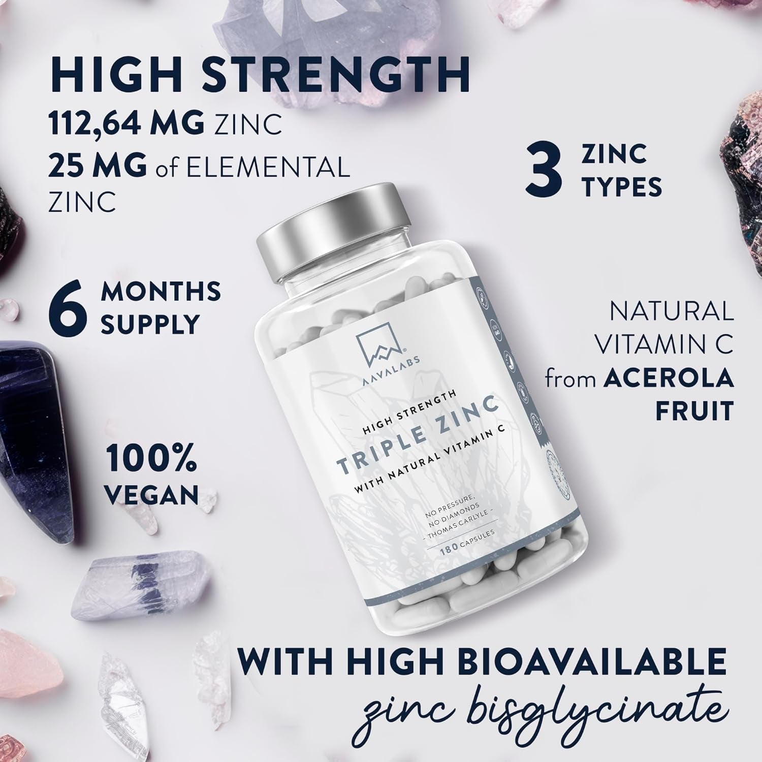 Triple Zinc 25Mg - 3 Forms of Zinc with Natural Vitamin C - Zinc Picolinate, Zinc Bisglycinate and Zinc Monomethionine - 180 High Strength Zinc Tablets - 6 Months Supply - Zinc Supplements