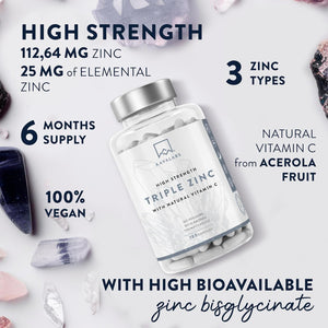 Triple Zinc 25Mg - 3 Forms of Zinc with Natural Vitamin C - Zinc Picolinate, Zinc Bisglycinate and Zinc Monomethionine - 180 High Strength Zinc Tablets - 6 Months Supply - Zinc Supplements