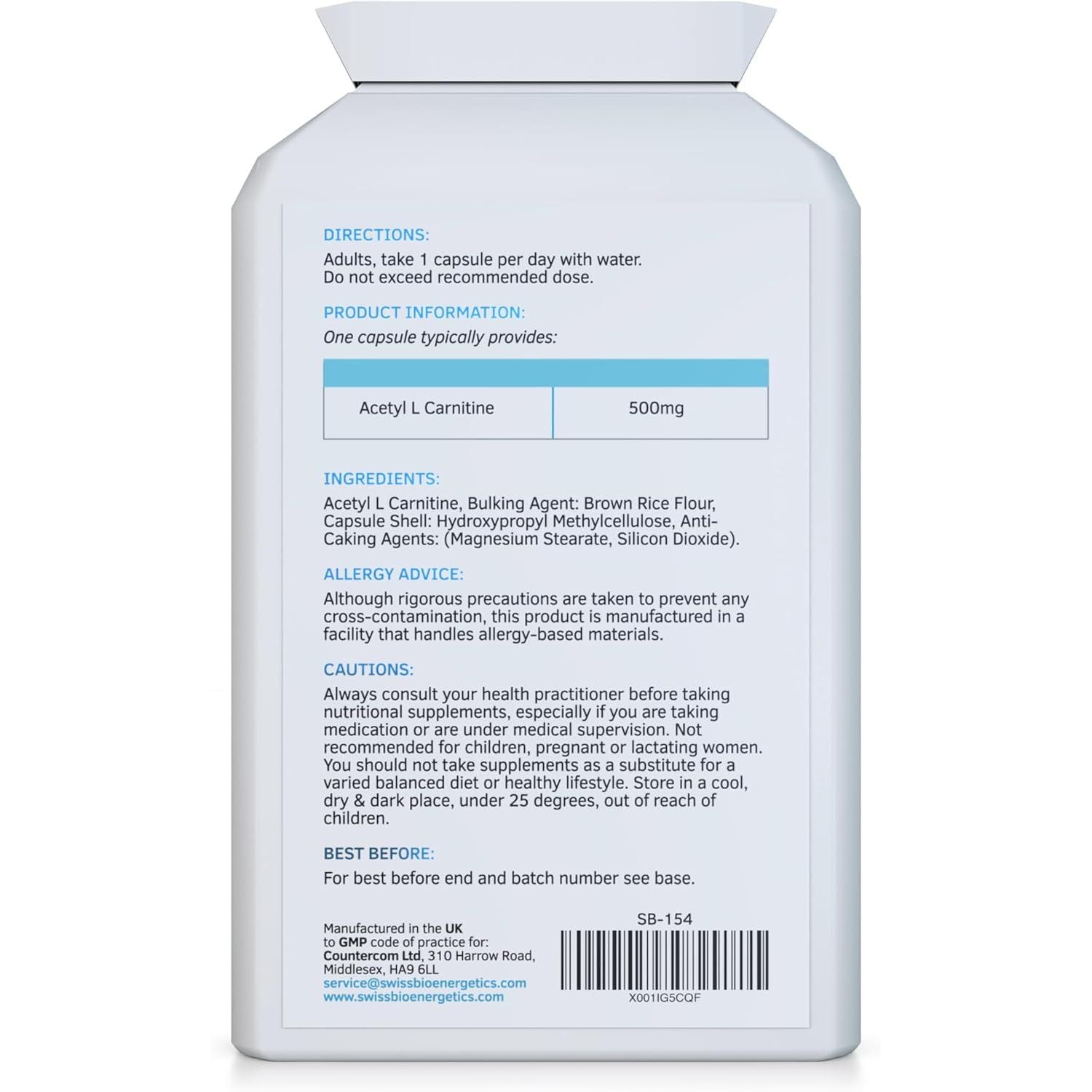 Acetyl-L-Carnitine 500Mg 90 Capsules - High-Strength ALCAR with No D-Carnitine - Made in the UK - Suitable for Vegans