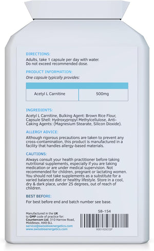 Acetyl-L-Carnitine 500Mg 90 Capsules - High-Strength ALCAR with No D-Carnitine - Made in the UK - Suitable for Vegans