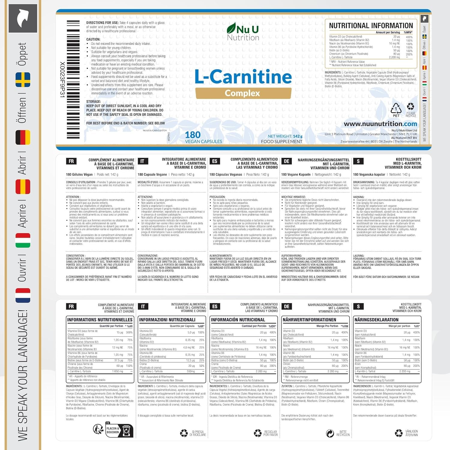 L-Carnitine Tartrate Complex 2200Mg - 180 Vegan Capsules - with Chromium, Riboflavin, Biotin, Vitamin D, B3 & B6 - High Strength L Carnitine Supplement - Made in the UK - Nu U Nutrition
