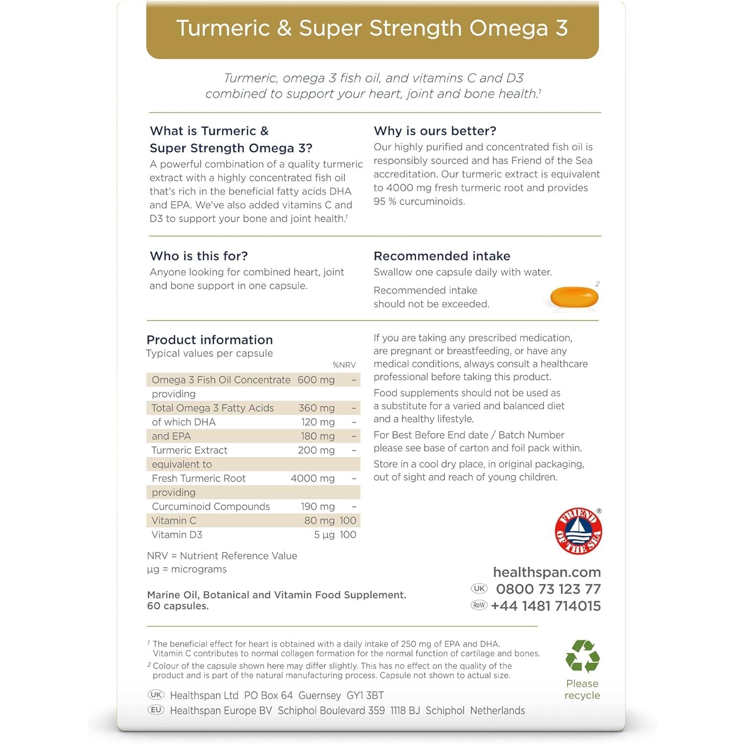 Healthspan Turmeric & Omega 3 | 60 Capsules | Added Vitamin C & Vitamin D3 | Heart, Joint & Bone Health | Sustainably Sourced