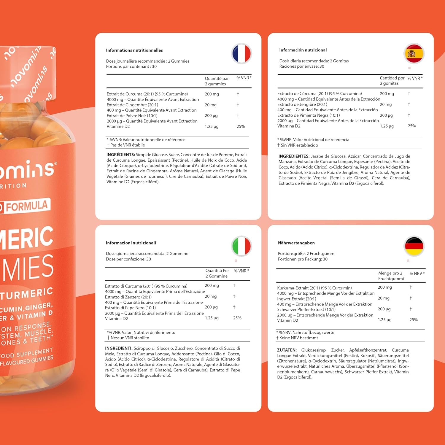 Turmeric Gummies – 4000Mg High Strength Turmeric and Ginger Gummies with Curcumin, Black Pepper & Vitamin D – Tumeric Supplements Joint Support –Immunity, Muscle & Bone – Novomins