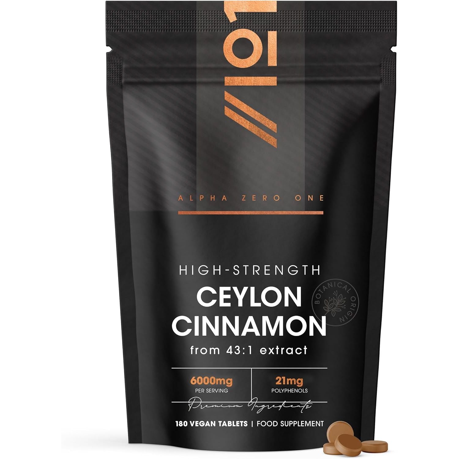 Cinnamon Extract 6000Mg - Standardised 15% Polyphenols from 43:1 Cinnamon Extract - 180 Vegan Tablets (6 Months Supply) – Resealable and Recyclable Pouch by Alpha01
