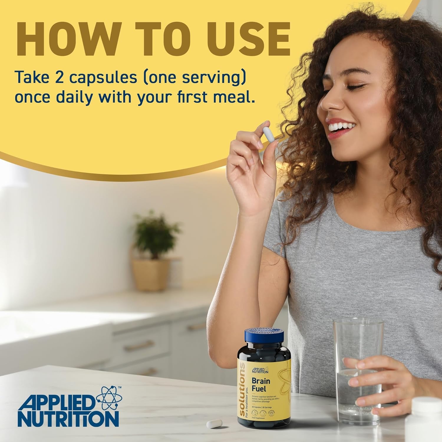 Applied Nutrition - Solutions - Brain Fuel - Capsules with Nootropics, Vitamins, & Panax Ginseng - Best Focus Booster - Enhances Mental Performance - (60 Capsules – 30 Servings)