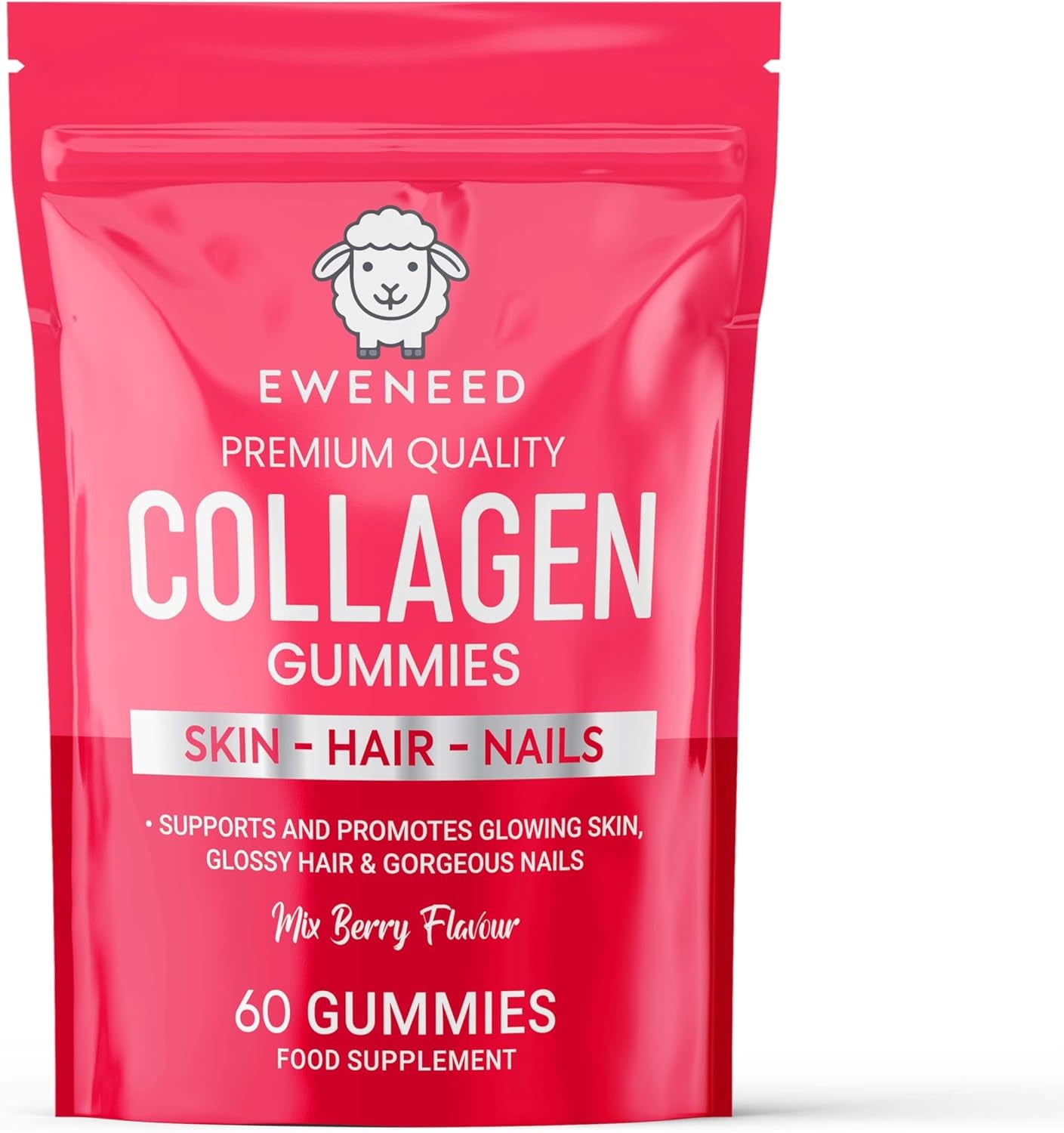 Eweneed Collagen Gummies for Skin, Hair and Nails, Mixed Berry Flavour, 60 Gummies with Marine Collagen