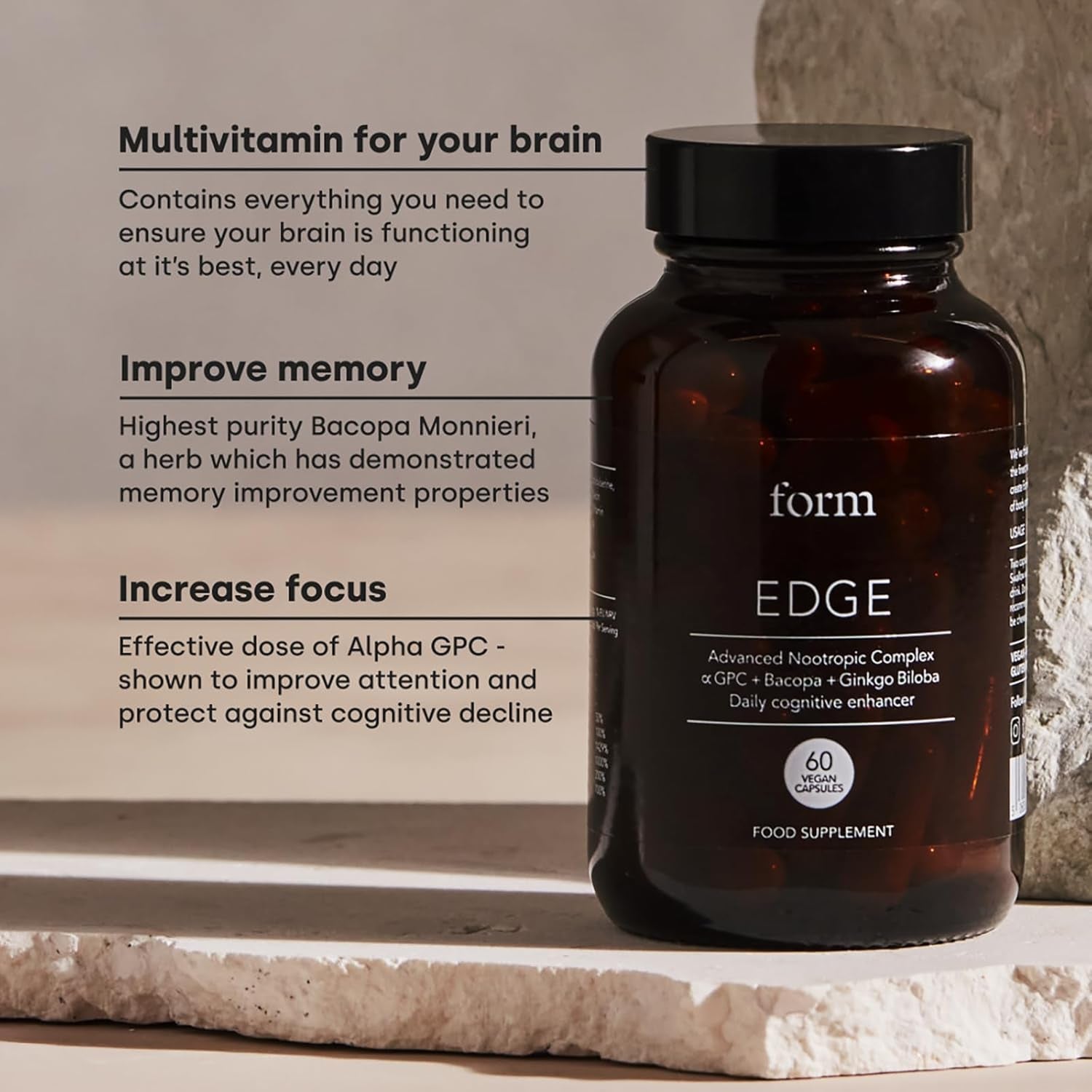 Form Edge - Natural Nootropic for Focus | Cognitive Supplement with Alpha GPC, Bacopa Monnieri, Ginkgo Biloba & B Vitamins | Supports Memory, Calmness & Mental Performance