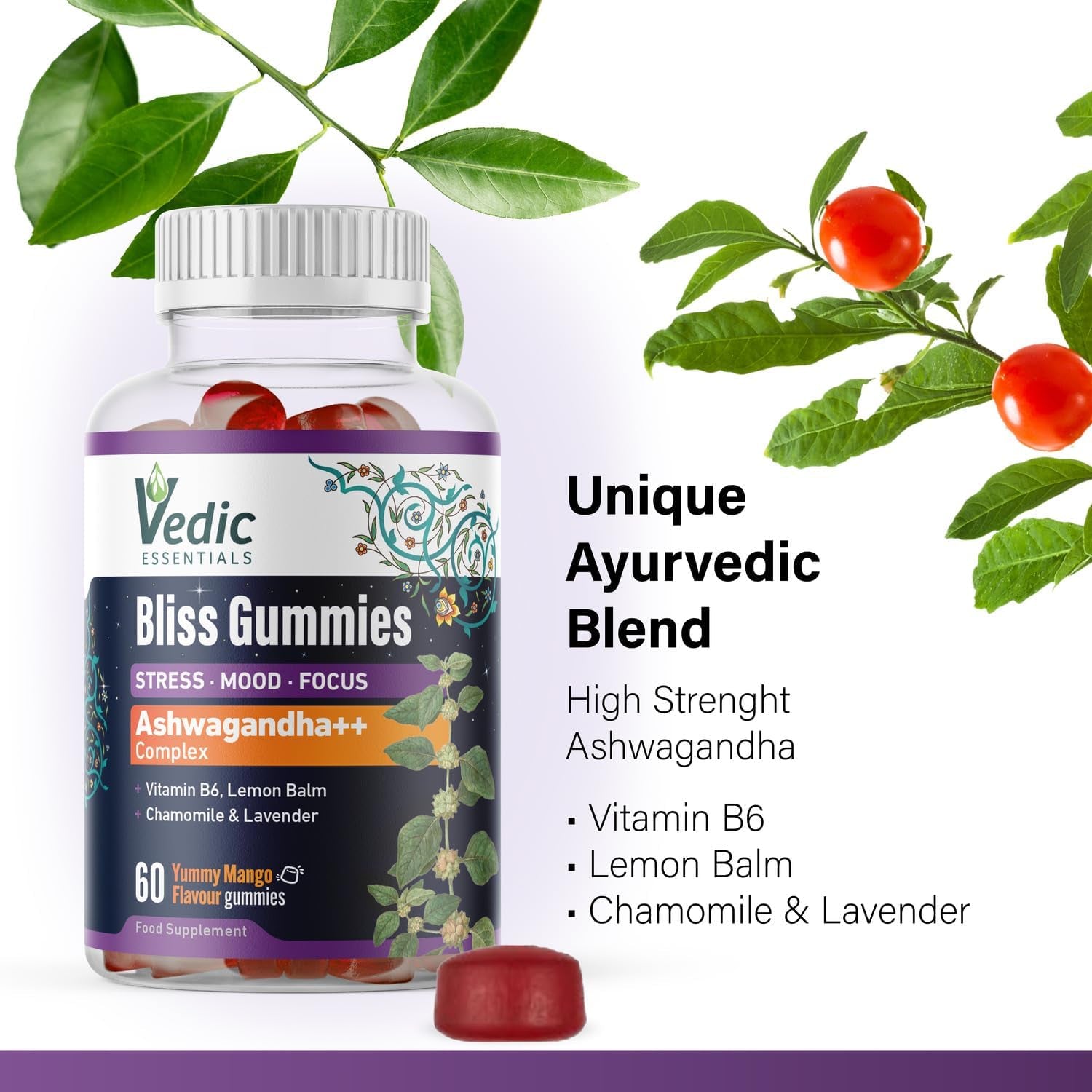 Vedic Bliss Gummies- Stress, Mood, Focus | Sugar Free Ashwagandha Gummies with Chamomile, Lemon Balm, Lavender, VIT B6 | Stress & Anxiety Gummy | High Strength Ashwagandha, Vegan, Yummy Mango Flavor