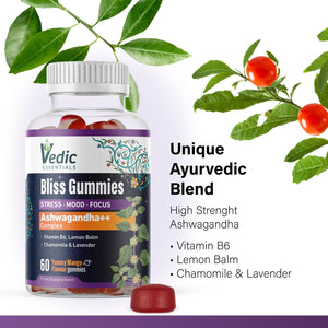 Vedic Bliss Gummies- Stress, Mood, Focus | Sugar Free Ashwagandha Gummies with Chamomile, Lemon Balm, Lavender, VIT B6 | Stress & Anxiety Gummy | High Strength Ashwagandha, Vegan, Yummy Mango Flavor