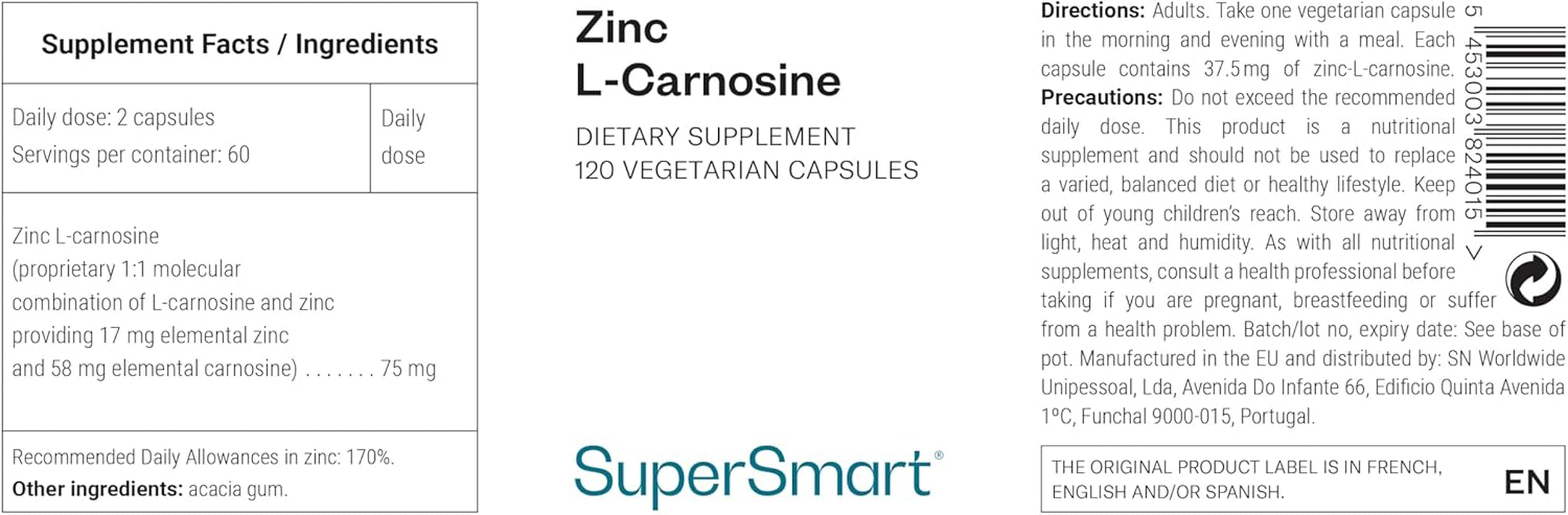 Supersmart - Zinc L-Carnosine - Gut Health & anti Inflammatory Supplement - Help Reduce Acid Reflux | Non-Gmo & Gluten Free - 90 Vegetarian Capsules