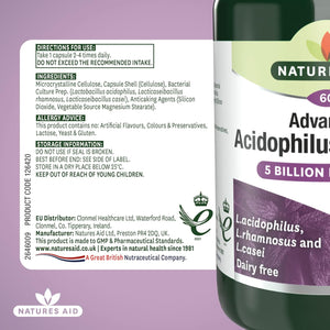 Natures Aid Acidophilus Complex 5 Billion CFU – High Strength Probiotic Supplement 5 Billion Live Bacteria – Supports Digestive Health & Gut Flora – Vegan, Gluten Free, Non-Gmo – 60 Capsules