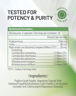 Psyllium Husks Capsules with Probiotics - High Fibre Supplement 1400Mg - Soluble Fiber Tablets High Strength - 60 Capsules - Pure Psyllium Husk & 6B Acidophilus Probiotic Complex for Digestive Support