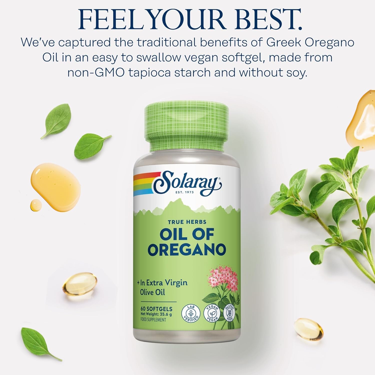 Solaray - Oregano Oil 150Mg - 60 Vegan Softgel - Natural Source of Omega 3 and 6, Vitamins and Minerals - High Strength Supplement - with Extra Virgin Olive Oil for Gentle Digestion - Lab Verified