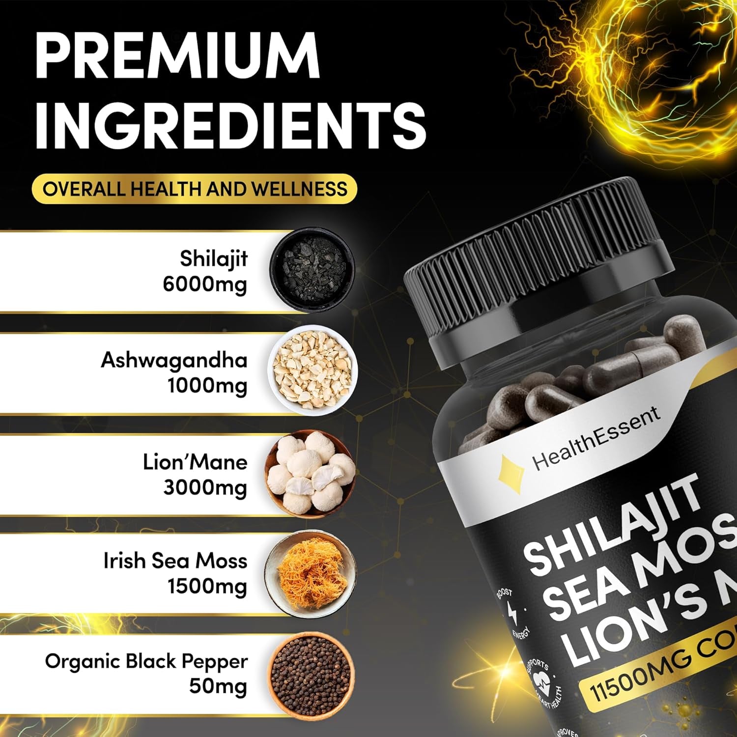 Sea Moss Shilajit Lion Mane 3 in One, with Added Ashwagandha and Black Pepper, 11500Mg Superfood Blend for Vitality & Immunity, Energy and Brain Health - 120 Vegan Capsules by Healthessent