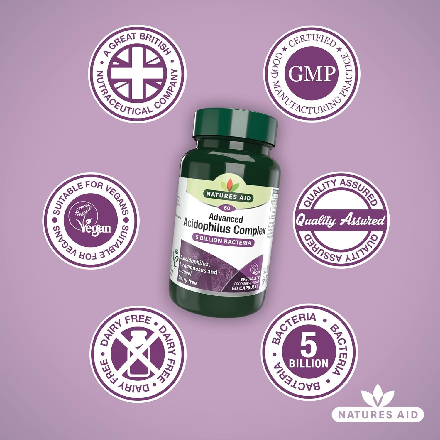 Natures Aid Acidophilus Complex 5 Billion CFU – High Strength Probiotic Supplement 5 Billion Live Bacteria – Supports Digestive Health & Gut Flora – Vegan, Gluten Free, Non-Gmo – 60 Capsules