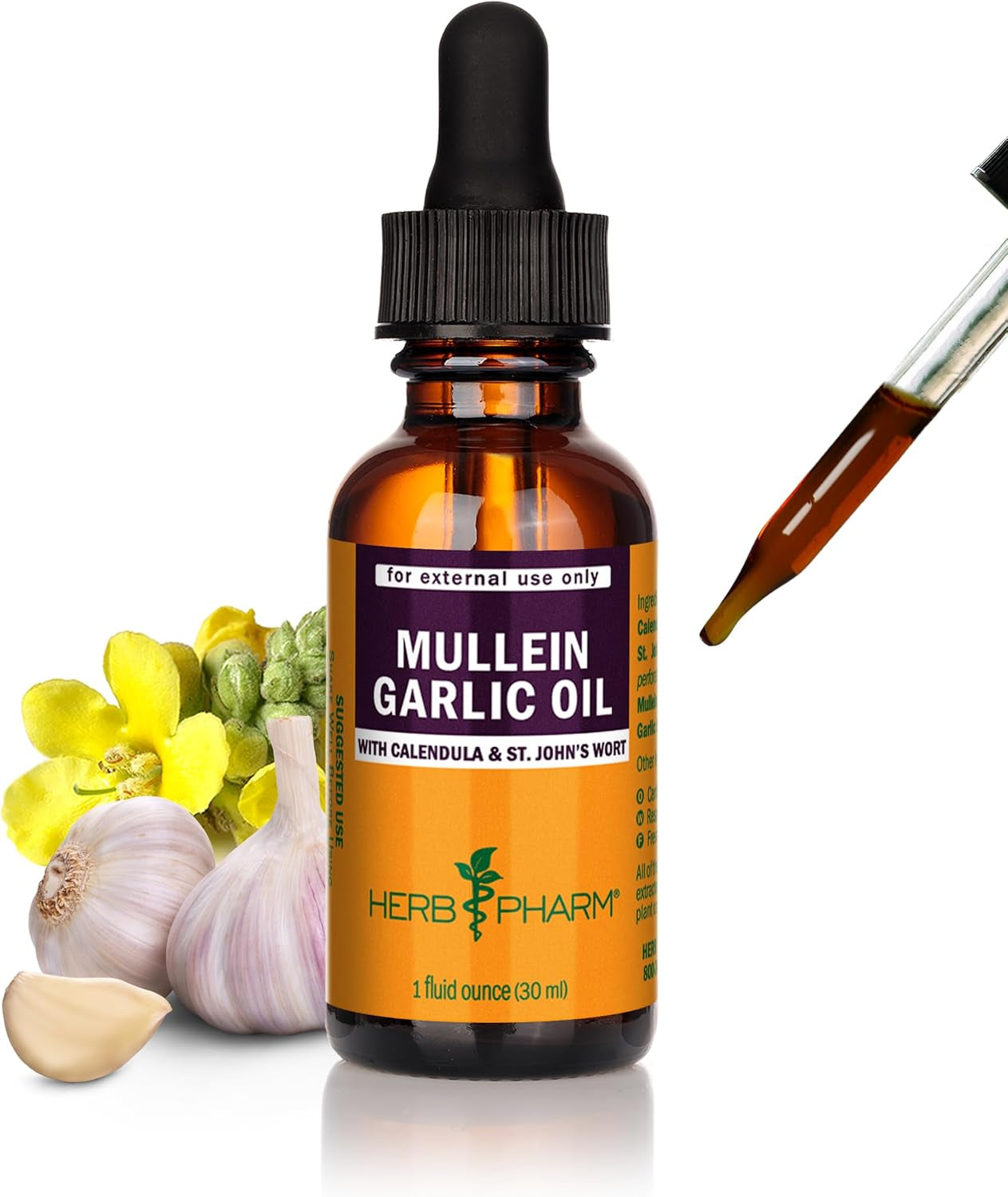 Herb Pharm Mullein Garlic Herbal Oil - Contains Calendula, Garlic, Mullein Flower, St. John'S Wort, Olive Oil, 1 Ounce