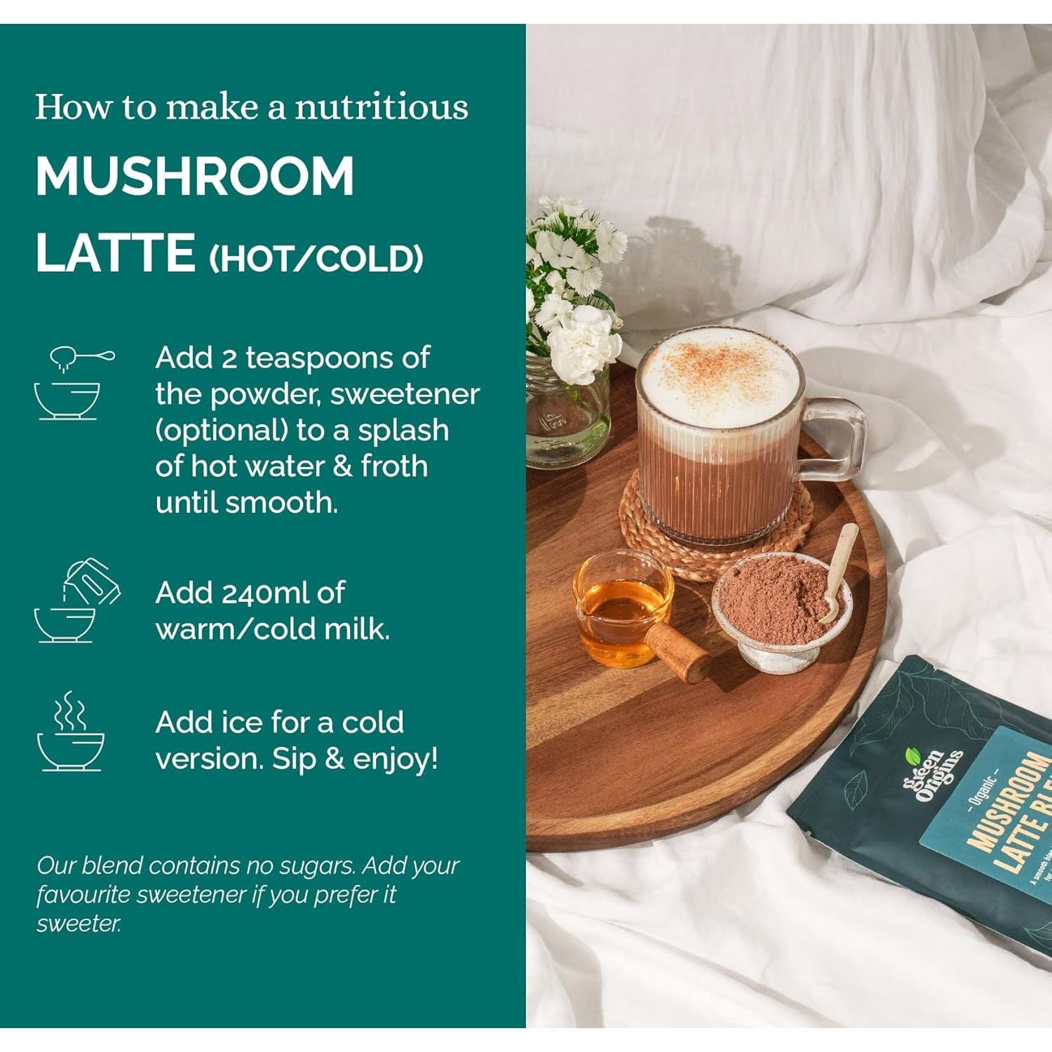 Green Origins Organic Super Mushroom Mocha Latte Blend with Lion'S Mane, Coffee & Cacao for Energy & Focus |10 Servings, 100G | Vegan, Dairy Free, Gluten Free, Kosher, No Added Sugar