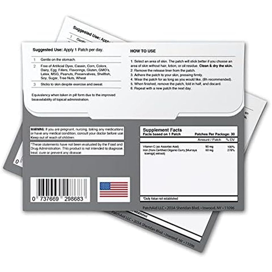 Patch Aid Simply Iron - 30 Daily Topical Patches. 100% Natural & Vegan. Allergy & Filler Free. High Absorption and More Bioavailable. Suitable for Sensitive Stomachs & Bariatric.