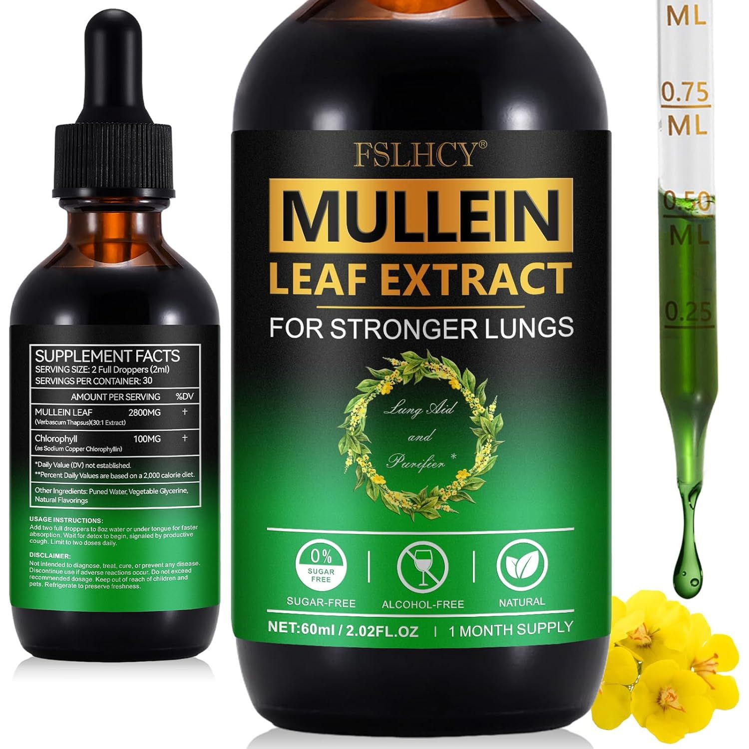 Mullein Drops for Lungs 60ML Mullein Leaf Extract & Chlorophyll Drops for Lung Cleanse Vegan & Health Supplements Fast Absorption