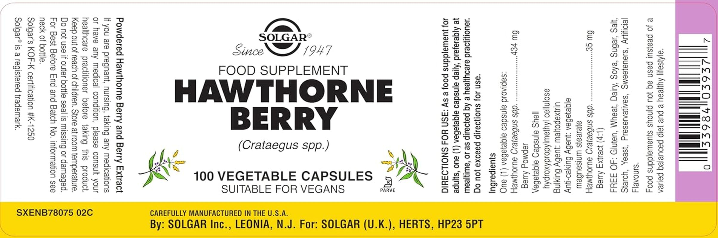 Solgar Hawthorne Berry Vegetable Capsules - Pack of 100 - Powdered Extract - Vegan, Vegetarian, Kosher