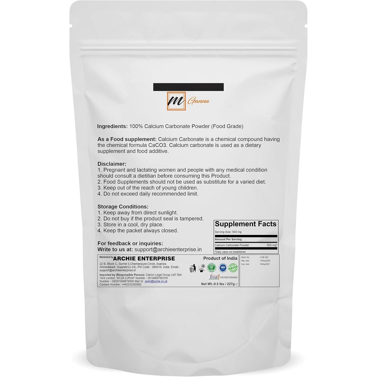 Mganna 100% Natural Pure Calcium Carbonate Food Grade 227 GMS / 0.5 LBS