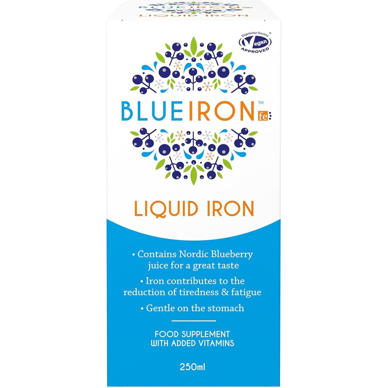 Blueiron Liquid Iron Supplement with Nordic Blueberries + Vitamin C, Vitamin B12, Folic Acid, Biotin and Zinc | 250Ml | Suitable for Vegans | Easily Absorbed and Gentle on the Stomach