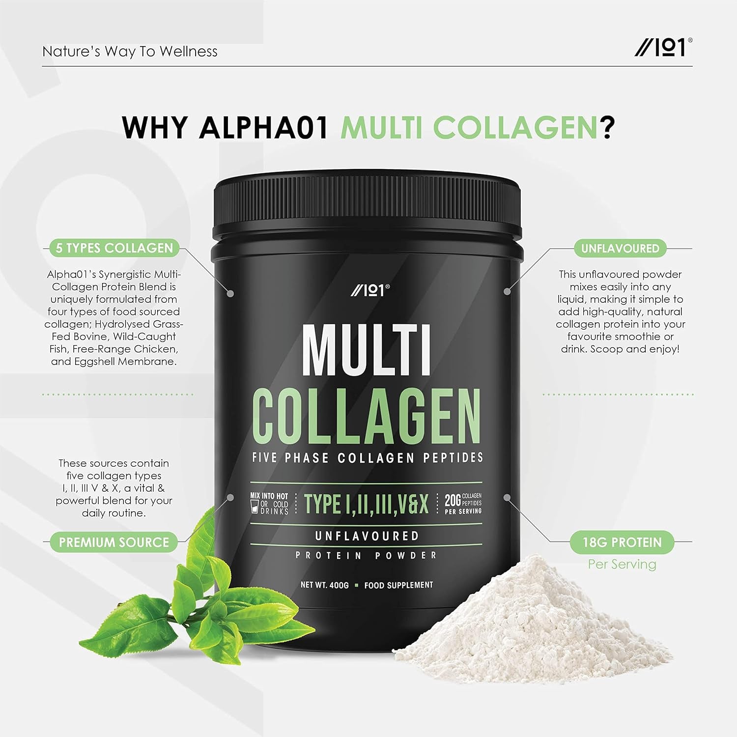 Multi Collagen Protein Powder (400G) - Types I, II, III, V & X - Hydrolyzed Grass Fed Bovine, Wild Caught Fish, & Free-Range Chicken & Eggshell Collagen (20 Day Supply) by Alpha01