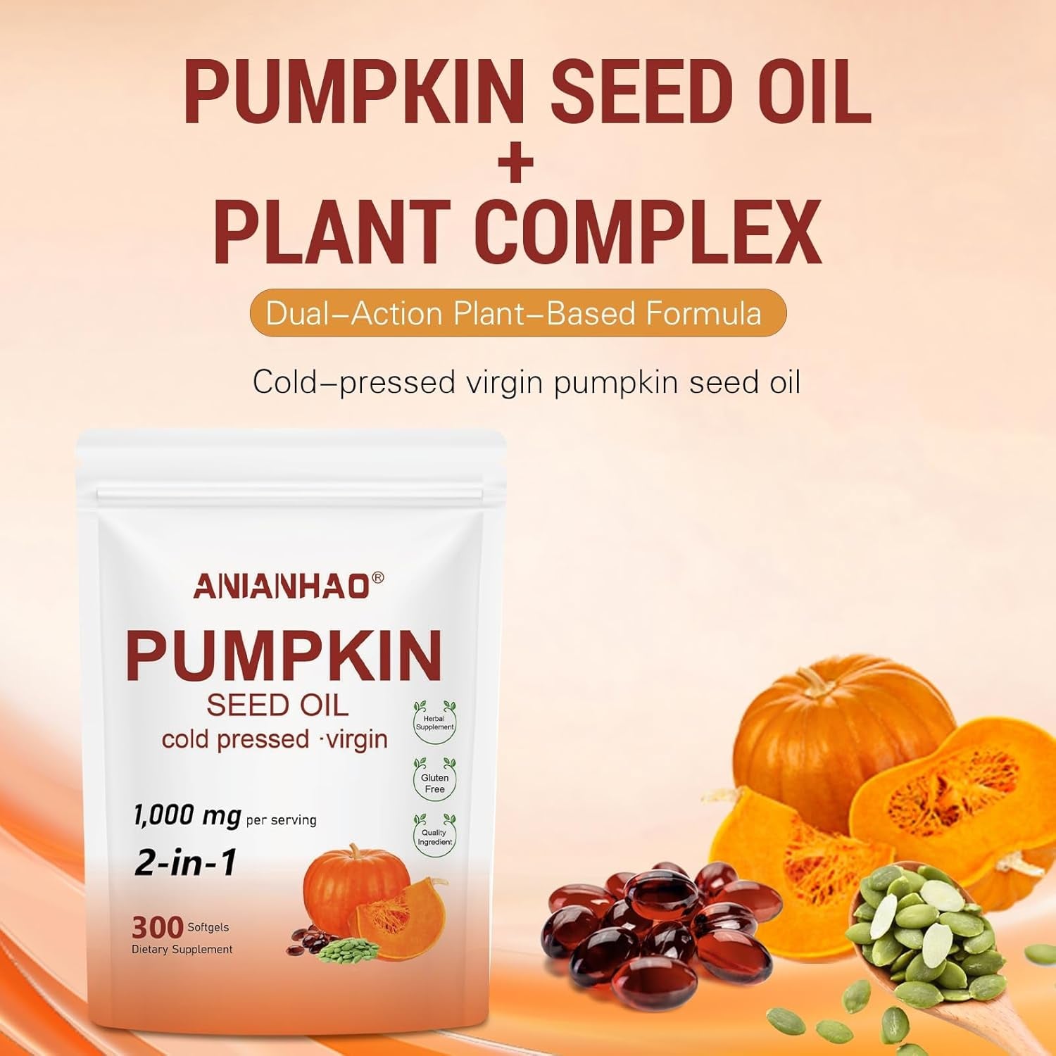 300 Softgel Pumpkin Seed Oil Capsules - Pumpkinseed Herbal Supplement - 2 in 1 Pumpkin Seed Extract | for Hair Growth, Cold Pressed, Supports Hair, Heart, Skin Supplement | Non-Gmo | Gluten Free