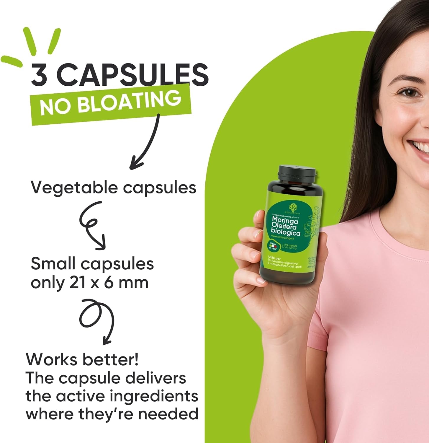 Organic Moringa Oleifera Capsules – 100% Natural Superfood | High Fibre Supplements | Supports Digestion, Metabolism & Immune System | 90 Moringa Capsules Made in Italy - Redmoringa