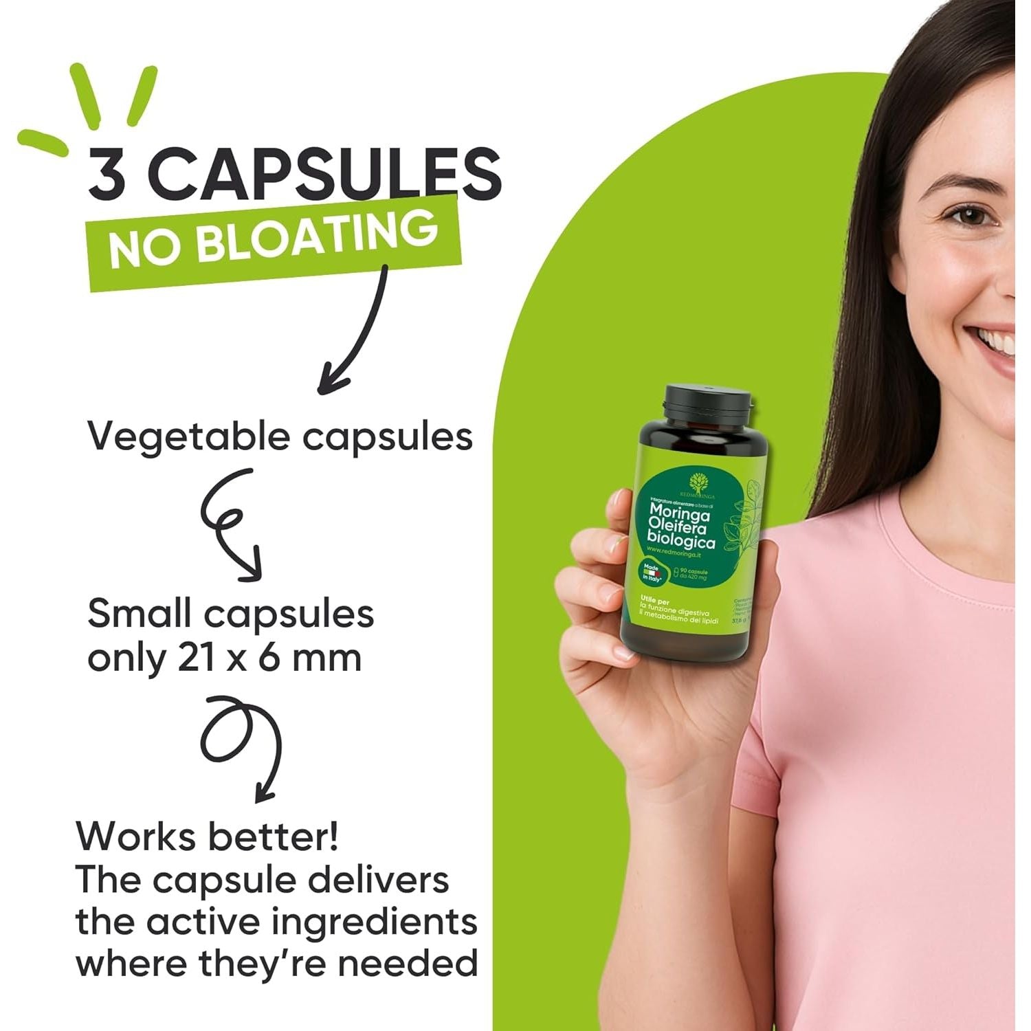 Organic Moringa Oleifera Capsules – 100% Natural Superfood | High Fibre Supplements | Supports Digestion, Metabolism & Immune System | 90 Moringa Capsules Made in Italy - Redmoringa