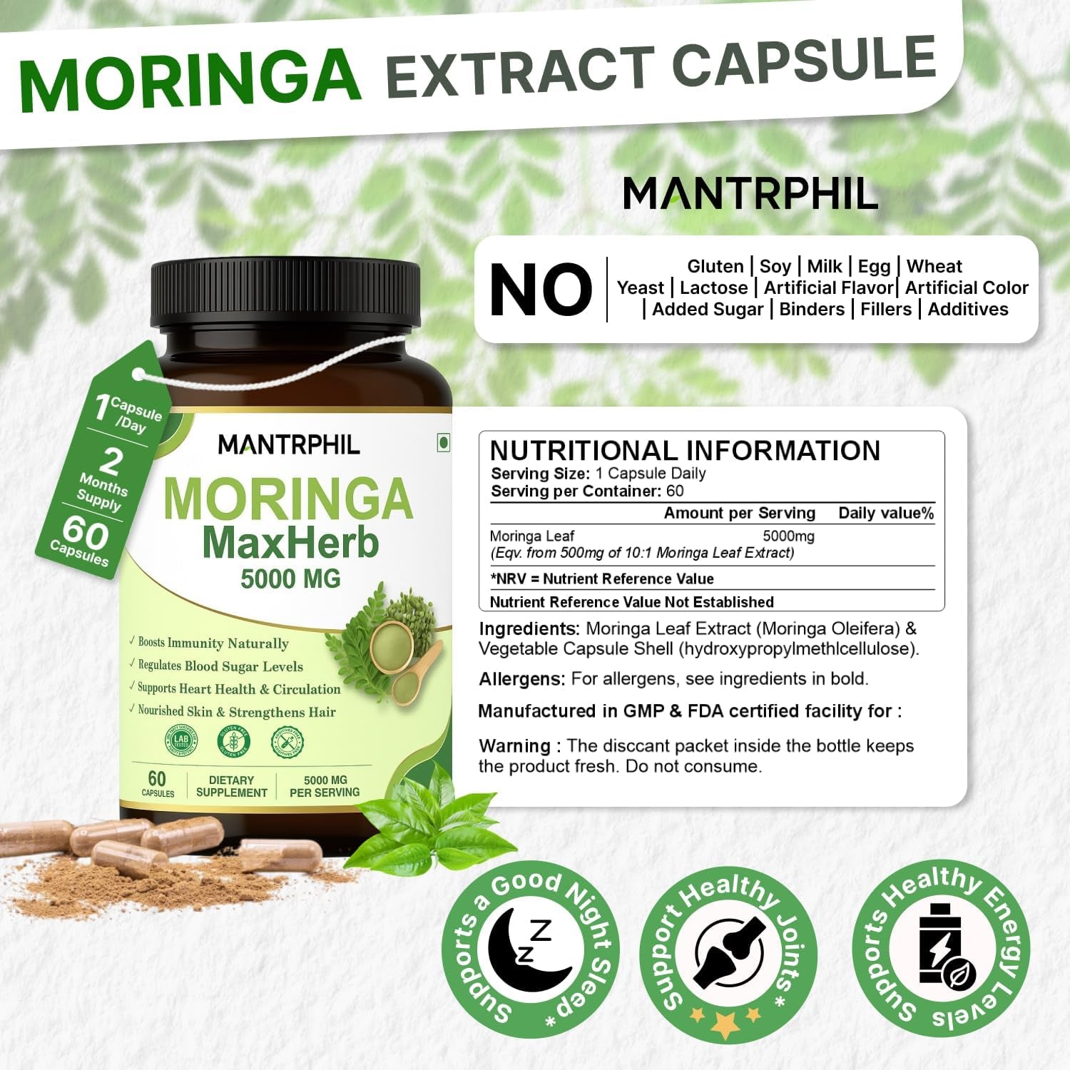Moringa Capsules 5000Mg - 2 -Month Supply | 60 High-Strength Moringa Capsules | Pure Potent Leaf Extract - No Additives | Vegan, Non-Gmo & Lab-Tested