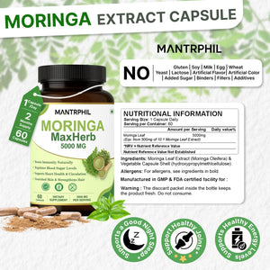 Moringa Capsules 5000Mg - 2 -Month Supply | 60 High-Strength Moringa Capsules | Pure Potent Leaf Extract - No Additives | Vegan, Non-Gmo & Lab-Tested