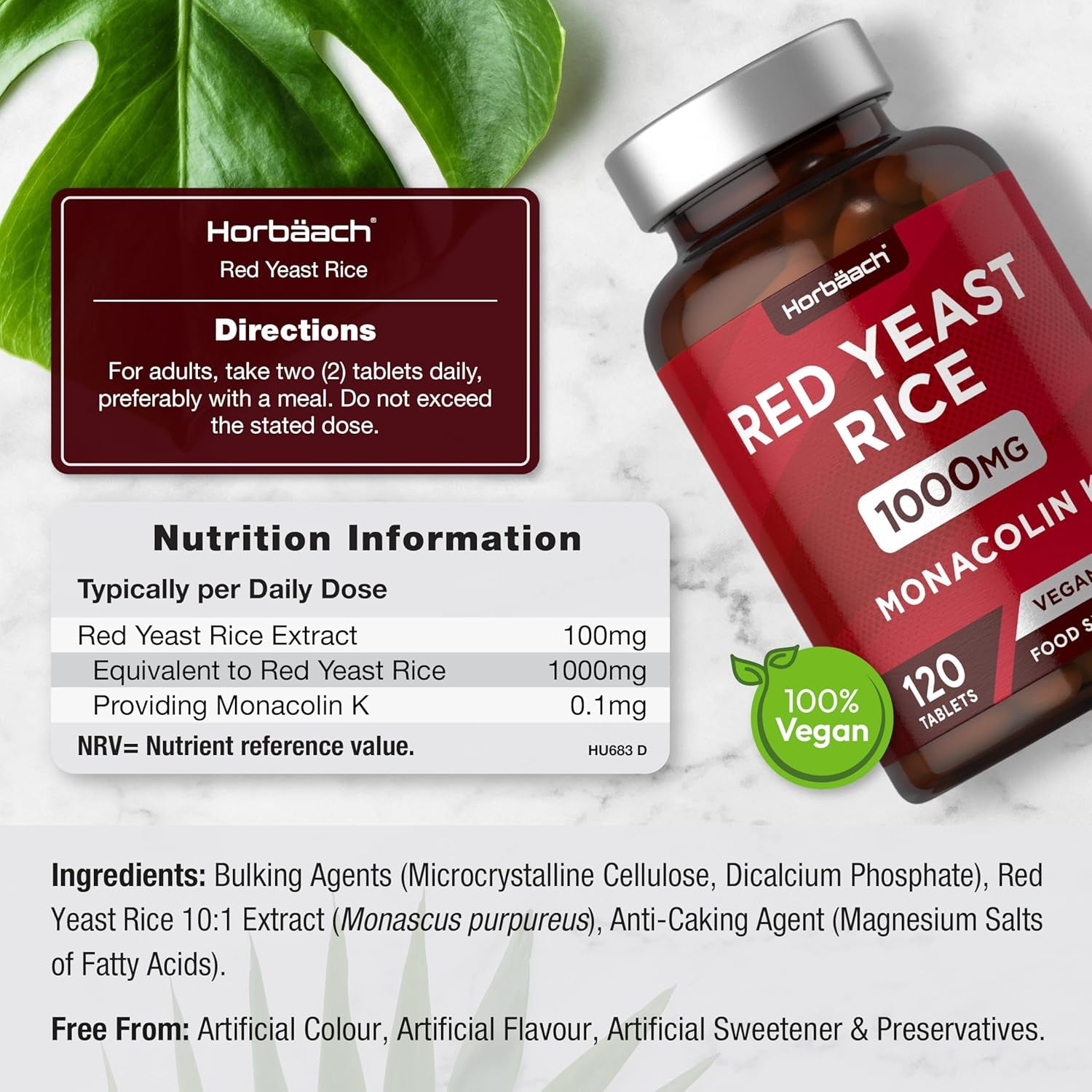 Red Yeast Rice 1000Mg | 120 Vegan Tablets | High Strength Supplement with Monacolin K | Monascus Purpureus | by Horbaach