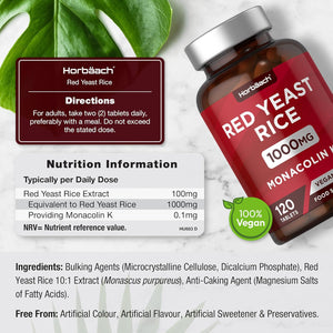 Red Yeast Rice 1000Mg | 120 Vegan Tablets | High Strength Supplement with Monacolin K | Monascus Purpureus | by Horbaach