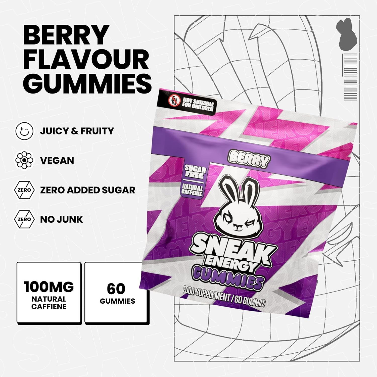SNEAK Energy Gummies - Berry Flavour | 60 Pack | Sugar Free, with 100Mg Natural Caffeine per Serving | Boost Focus, Energy & Mental Clarity | 9 Vitamins & Minerals