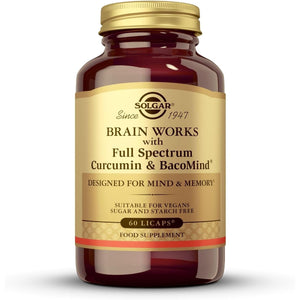Solgar Brain Works with Full Spectrum Curcumin & Bacomind - Mind and Memory Vitamines - Choline Supplement - Supports Focus & Mental Performance - Gluten Free - Vegan Capsules - Pack of 60