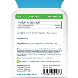 Health4All Acetyl L-Carnitine 500Mg 120 Capsules, Purest High Strength ALCAR Amino Acid with No D-Carnitine, Vegan, Gluten-Free, Gmo-Free Acetyl-L-Carnitine Supplement | Made in UK