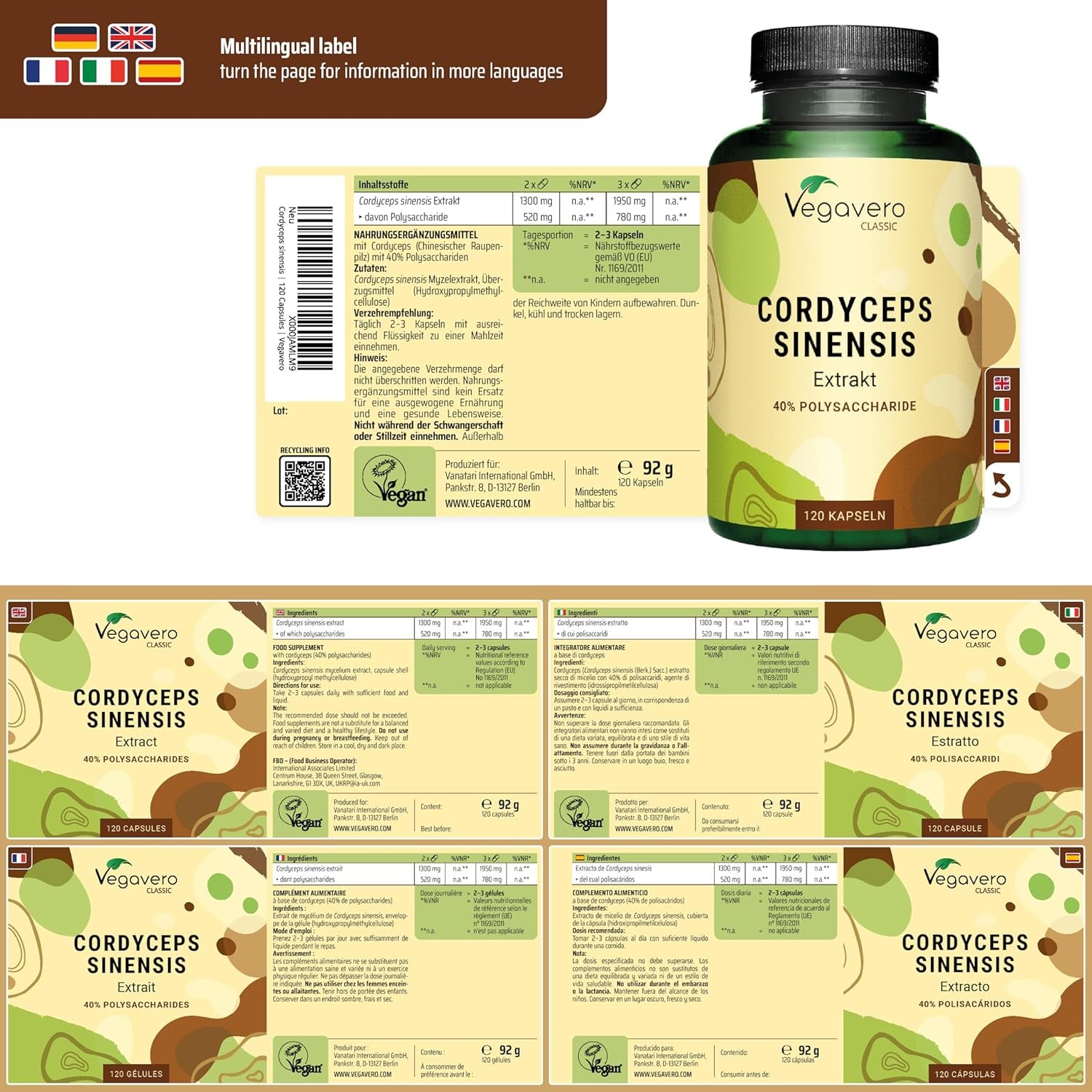 Vegavero Cordyceps Sinensis 6500 Mg | 10:1 Mushroom Extract | 4-Month Supply | 40% Polysaccharides | NO Additives | Lab-Tested | Vegan