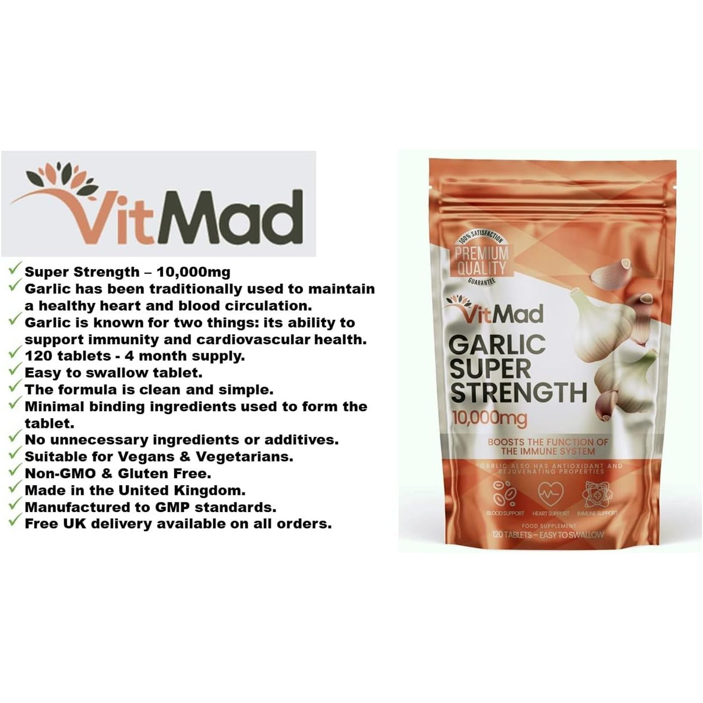 Garlic Extract 10,000Mg - 120 Tablets - High Strength - Heart Health Vegan