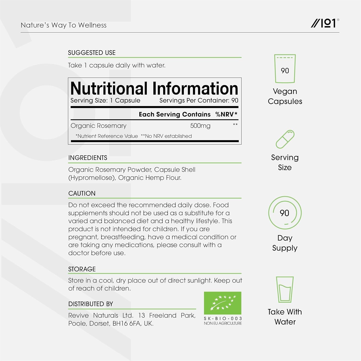 Organic Rosemary 500Mg - 90 Vegan Capsules - High Strength Salvia Rosmarinus Supplement - Resealable and Recyclable Pouch - by Alpha01