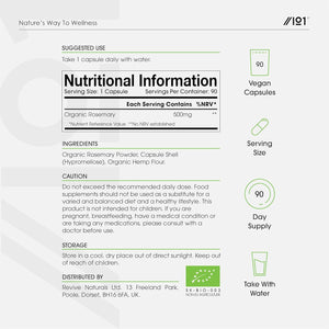 Organic Rosemary 500Mg - 90 Vegan Capsules - High Strength Salvia Rosmarinus Supplement - Resealable and Recyclable Pouch - by Alpha01