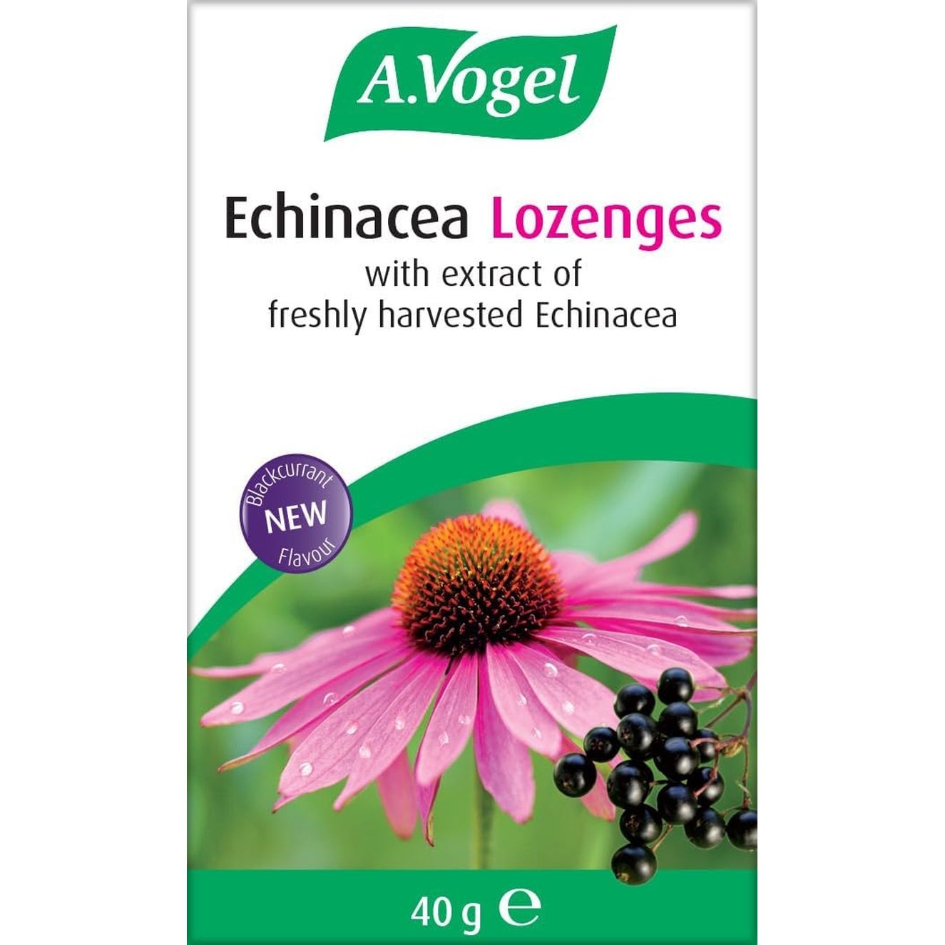 A.Vogel Echinacea Lozenges | Extract of Freshly Harvested Echinacea | Blend of Other Herbs | Suitable for Vegetarians | New Blackcurrant Flavour | 40G