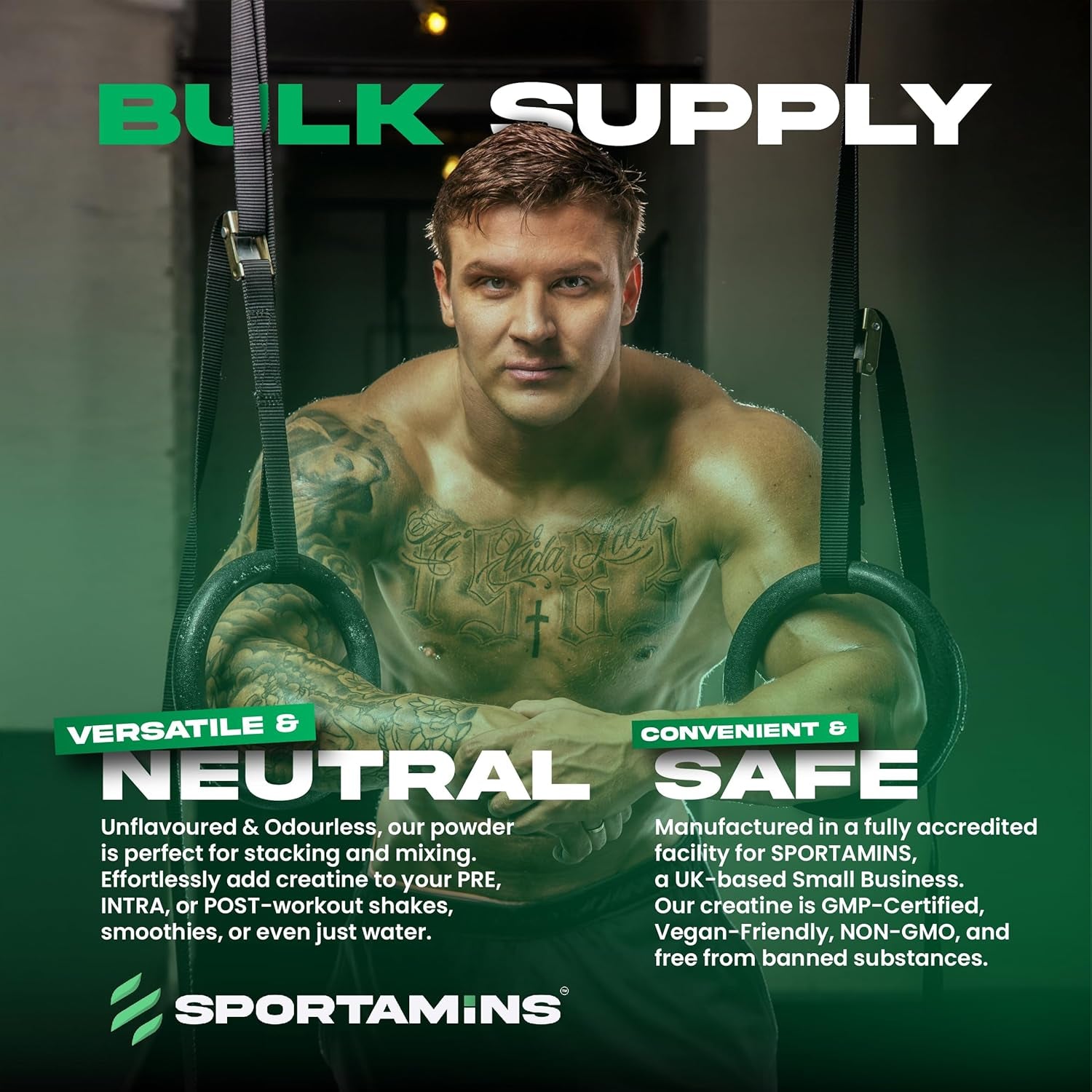 SPORTAMINS Creatine Monohydrate Powder 500G – 100% Pure Micronised Creatine Monohydrate – Unflavoured, 100 Servings – Muscle Growth, Strength & Recovery – Vegan, GMP Certified, Non-Gmo Supplement